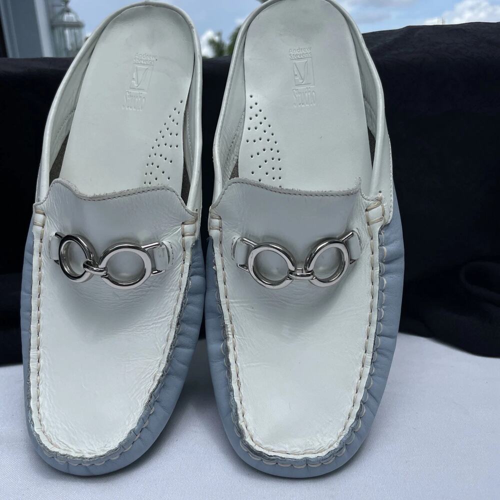 Andrew Stevens Flats Blue & White Leather Classy Horsebit Resort Mules Size 9.5